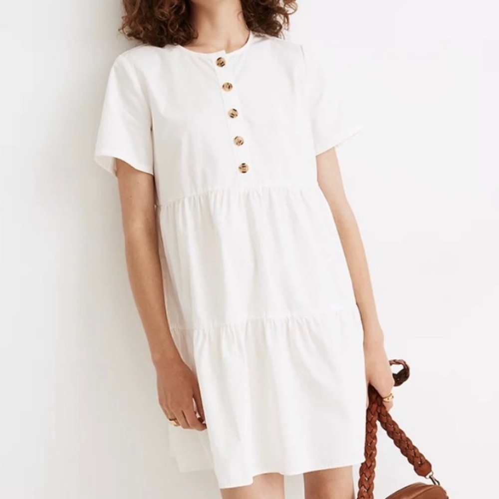 Madewell Button Front Short Sleeve Tiered Dress - Cream - SIZE LARGE
